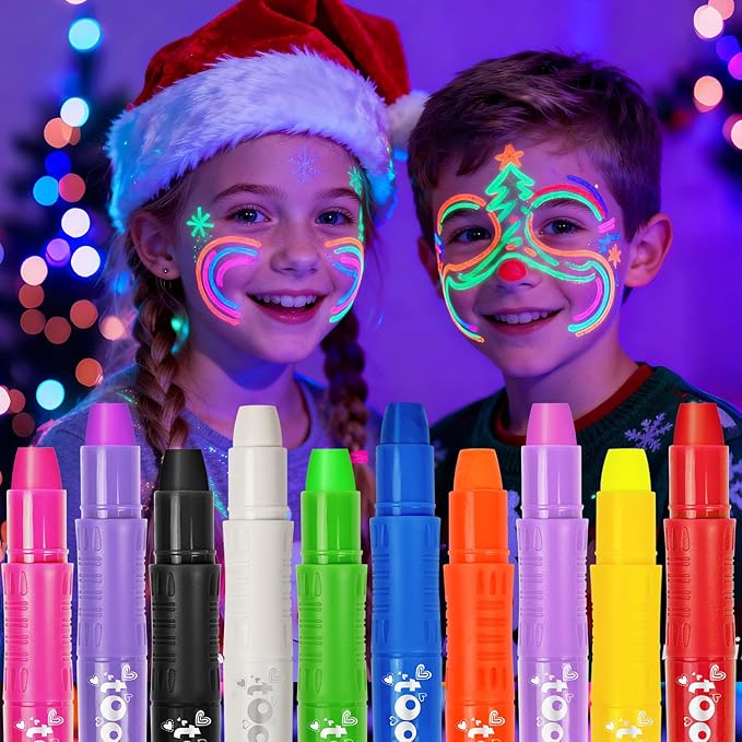 10 Glow in the Dark Face Paint Sticks under UV Light, Christmas Gifts Stocking Stuffers for Kids, Washable Neon Body Paint Crayons, Mess-Free Black Light Paint for Glow Party Supplies Makeup