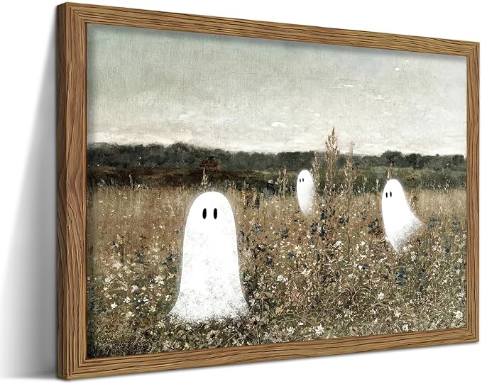 Framed Vintage Halloween Wall Art, Cute Ghost Meadow Painting, Rustic Landscape Canvas Halloween Wall Decor, Aesthetic Spooky Ghost Wall Art for Living Room Bedroom Bathroom 8x10 inch