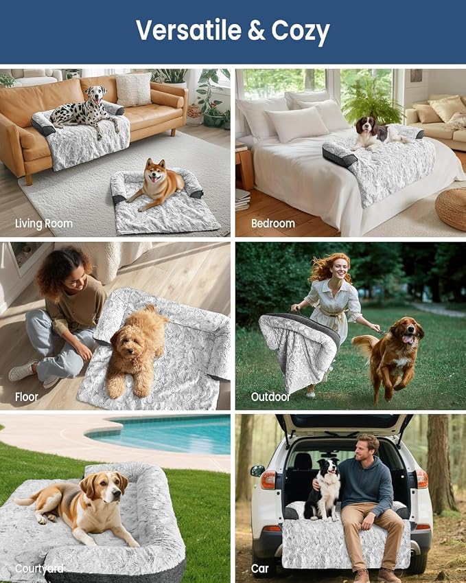 Calming Extra Large Dog Bed for Couch, 45 x 37 inch Removable Couch Cover for Dogs Washable, Non-Slip Fluffy Plush Dog Sofa Mat for Furniture Protector - Grey