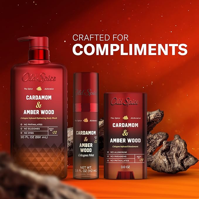 Old Spice Body Wash for Men, The Spice Alchemist Collection, 24/7 Cologne Infused Hydration, No Trade Off Formula, Free of Phthalates Silicones & Dyes, Cardamom + Amber Wood Scent, 20 oz