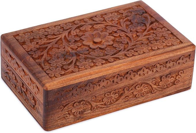 Ajuny Wooden Jewelry Box Hand Carved Flower Keepsake Chest - 8x5 Inch | Multipurpose organizer for necklaces, watches, rings and accessories; elegant birthday, wedding or anniversary present.