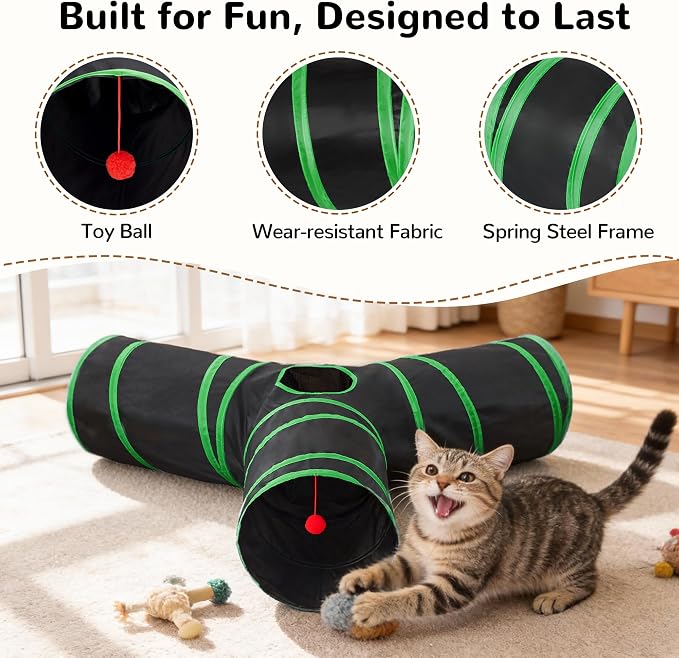 Tempcore Cat Tunnel, 3-Way Collapsible Toy, Large Size Black & Green