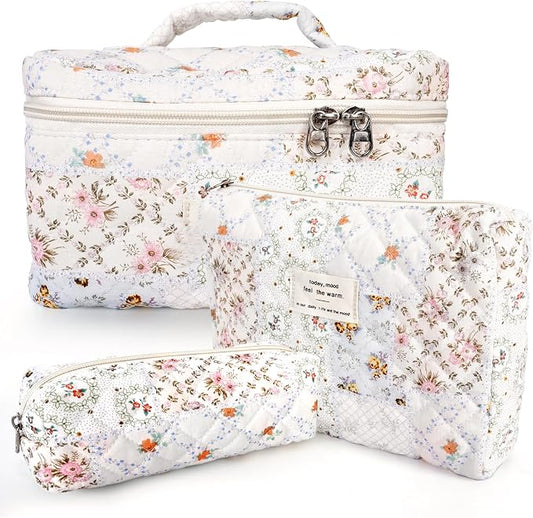 GISMTR 3Pcs Cotton Quilted Makeup Bag Large Travel Cosmetic Bag Coquette Makeup Pouch Cute Aesthetic Floral Toiletry Bag for Women Girls (flower-U)