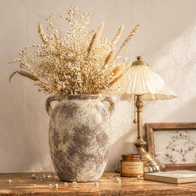 DREAMLOOM 7.6 Inch Ceramic Flower Vase, Terracotta | Double Handles, Farmhouse Vintage, Pottery, Home Decor, Living Room Dining Table Wedding Centerpieces
