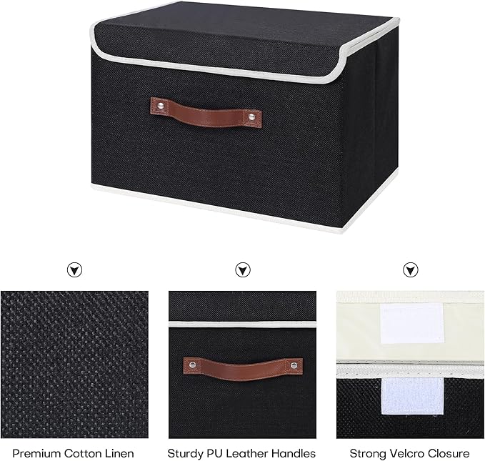 ANMINY Fabric Storage Box Bins with Lids, Black, 15"x10"x10" | Keepsake Memory Storage, Cotton Linen, PP Board Reinforced, Washable, PU Handles, Foldable & Stackable, Decorative, Large