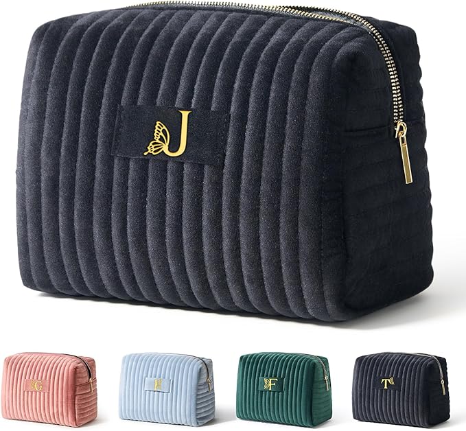COSHAYSOO Travel Makeup Bag Quilted Make Up Pouch Initial Cosmetic Case with Butterfly Decorations for Women Compact Mirror Traveling Size Beauty Tools Accessories Organizer Black Velvet Letter J