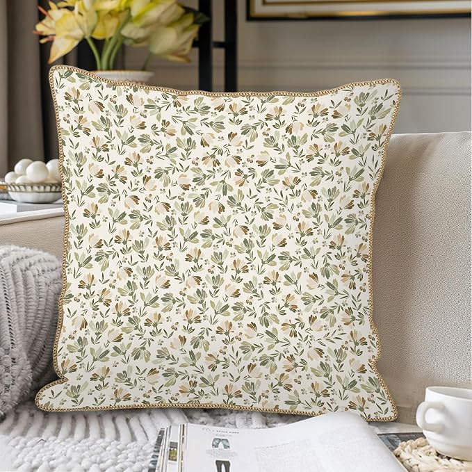 KSLIDS Sage Green Beige Floral Soft Velvet Throw Pillow Covers Set of 2 Vintage Brown Flower Decorative Pillow Covers 16x16 Inch Rustic Pillow Case for Sofa Couch Bedroom Farmhouse Home Decor