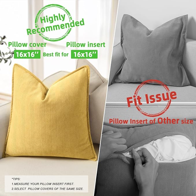 Yellow Pillow Covers 16x16 Set of 2 Chenille Throw Pillow Covers with Elegant Design Soft and Luxurious Decorative Throw Pillows for Couch, Bed, and Home Decor
