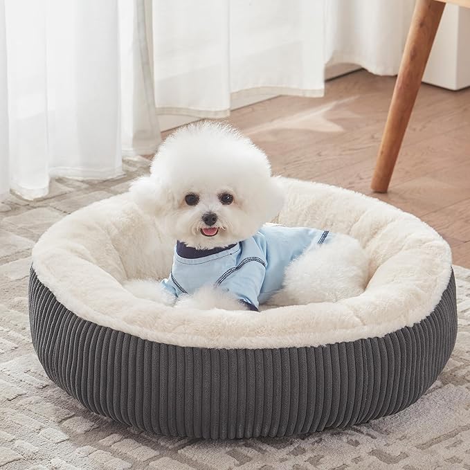 23 inches Calming Donut Dog Bed for Small Dogs,Dark Grey | Round Puppy Pet Bed with Removable&Washable Cover,Plush Faux Fur & Corduroy, Fits Pets up to 15 lbs