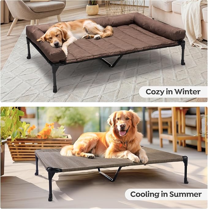 Veehoo Outdoor Elevated Dog Bed with Waterproof Bolster Cushion, Cooling | Raised Dog Bed with Removable & Washable Mat Topper, Breathable Mesh, Dog Couch Cot for Indoor Outdoor, 49", Large, Brown