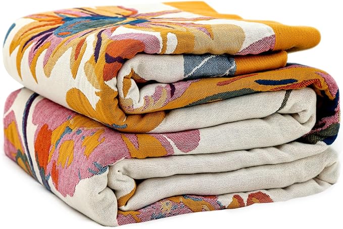 LUTBM Boho Throw Blanket for Couch 50"x60", 100% Cotton Summer Bed Blankets | Reversible Floral Butterfly Jacquard, All-Season, For Chair Sofa Living Room, Lightweight & Breathable Gauze, Bohemian Decor
