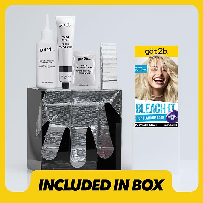 got2b Bleach It Permanent Hair Dye, Ultra Platinum Blonde, 00A, Hair Bleach Kit with Developer and Anti-Brass Purple Mask, Lightens Up to 8 Levels, Gel Formula for Easy Application, 1 Count