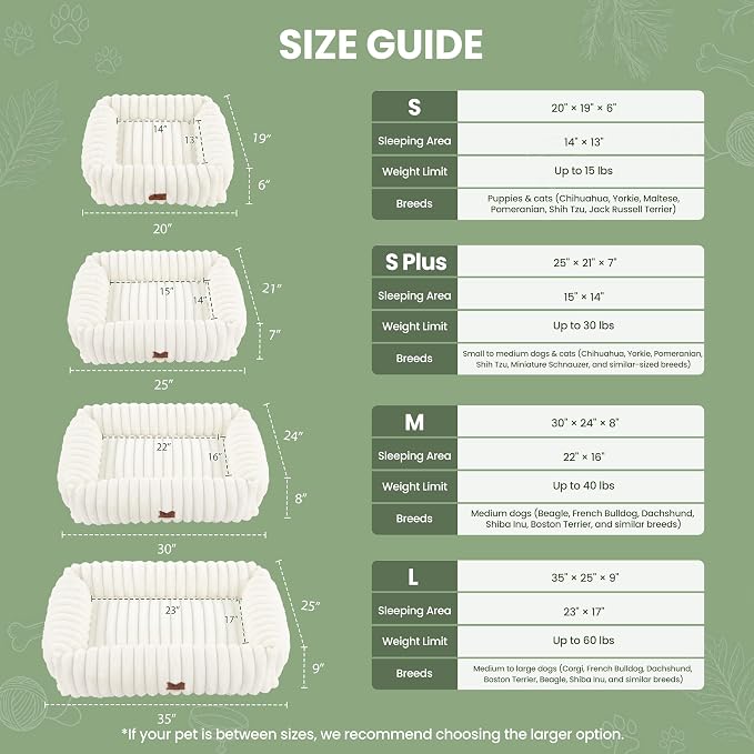 Washable Dog Bed for Small Medium Dogs, Rectangle Orthopedic Pet Bed with Removable Cover, Fluffy Memory Foam Dog Beds with Anti-Slip Bottom, Cream (25x21x7 inches)