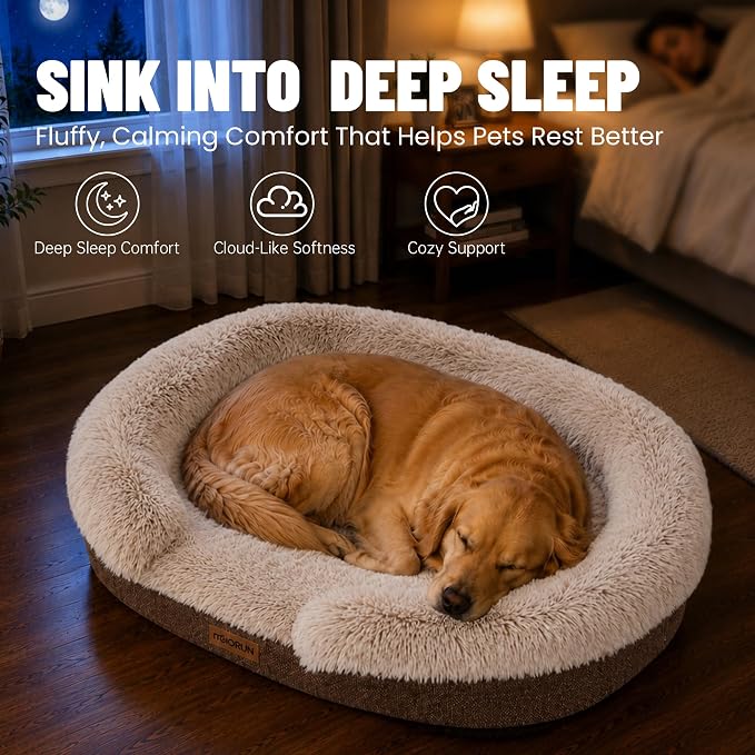 Fluffy Orthopedic Dog Beds Large Sized Dog, 36" Bolster Sofa Bed | Soft plush faux fur,lowered entry,washable cover,waterproof liner,claming dog couch for x-large dogs,supportive bolster