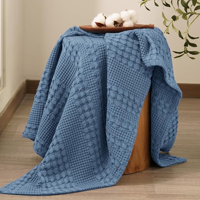 PHF 100% Cotton Waffle Weave Throw Blanket, Lightweight Breathable Summer Blanket for Couch Sofa, Pre-Washed Soft Throws for Bed, Office, Travel & Stylish Home Decor, 50"x60", Denim Blue