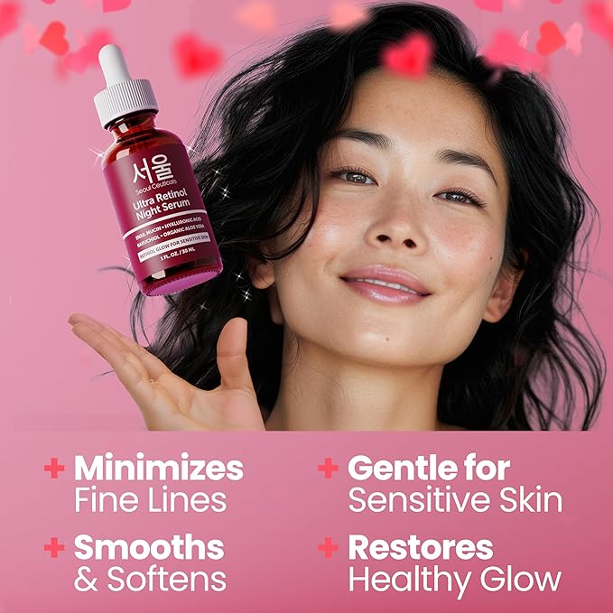 SeoulCeuticals 1% Korean Retinol Night Serum for Face - 97.5% Snail Mucin + Hyaluronic Acid + Bakuchiol, Cruelty Free K Beauty for Sensitive Skin 1oz (Pack of 2)