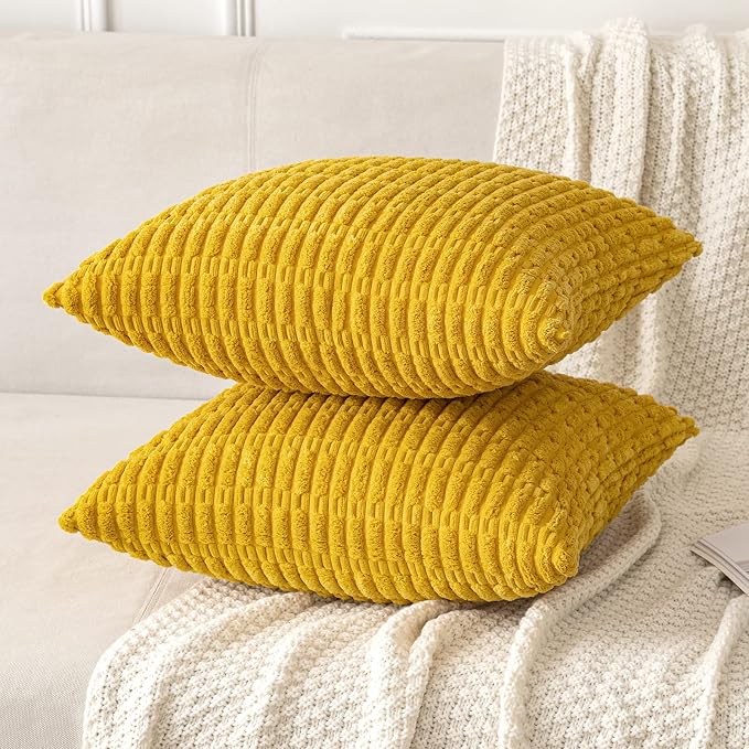 MIULEE Euro Corduroy Decorative Throw Pillow Covers 22x22 Mustard Yellow | Pack of 2 Soft Sham Boho Striped Pillow Covers Modern Farmhouse Home Decor For Sofa Living Room Couch Bed