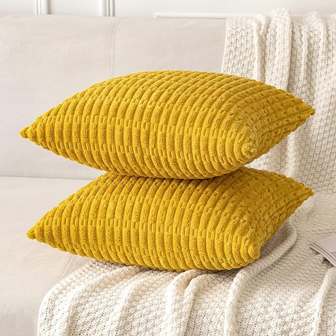 MIULEE Decorative Throw Pillow Covers 12x12 Mustard Yellow Pack of 2 | Soft Corduroy Boho Striped Pillow Covers Modern Farmhouse Home Decor For Sofa Living Room Couch Bed