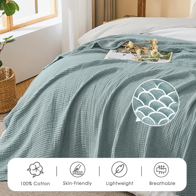 EMME Cotton Muslin Twin XL Blanket Breathable Gauze Soft Lightweight Blankets Adults Gifts for Women (Heather Teal, 66"x90")