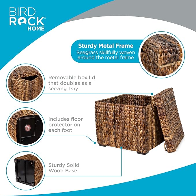 BIRDROCK HOME Woven Storage Cube - Abaca Seagrass Decorative Ottoman - Living Room Side Table - Store Blankets Pillows Magazines Books Remotes | Woven Basket with Lid, Removable Lid Doubles as Serving Tray, Footstool Ottoman with Storage for Living Roo...