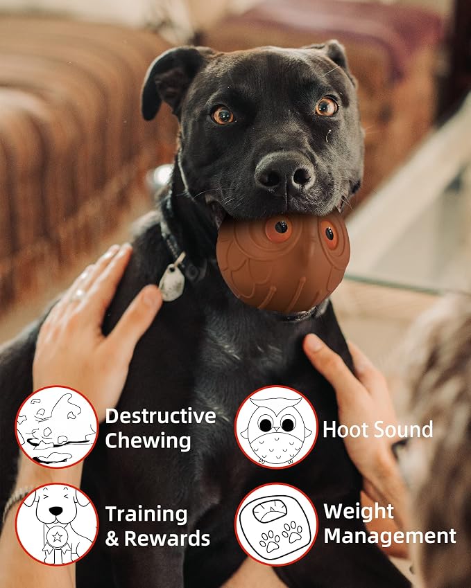 Mewlmart Giggle Ball for Dogs Owl Toys for Aggressive Chewers Dog Ball Toy for Puppy Medium Large Dogs Fun Gift for Dog Natural Rubber Hoot Brown