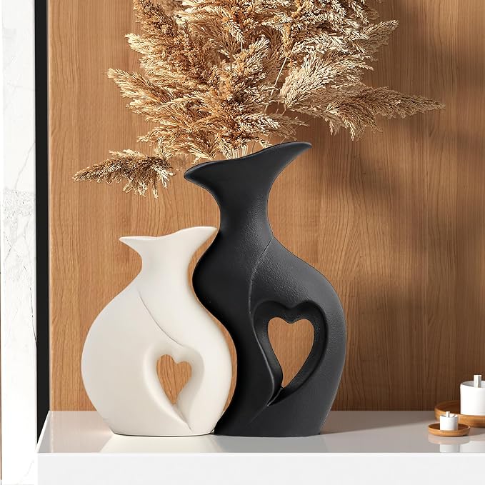 XL Black and White Vase Set of 2, Heart Shaped Ceramic Flower Vase | Home Decor, Minimalist Decorative, Modern, For Wedding Dining Living Room Office Coffee Table Centerpiece H 10.1 inches
