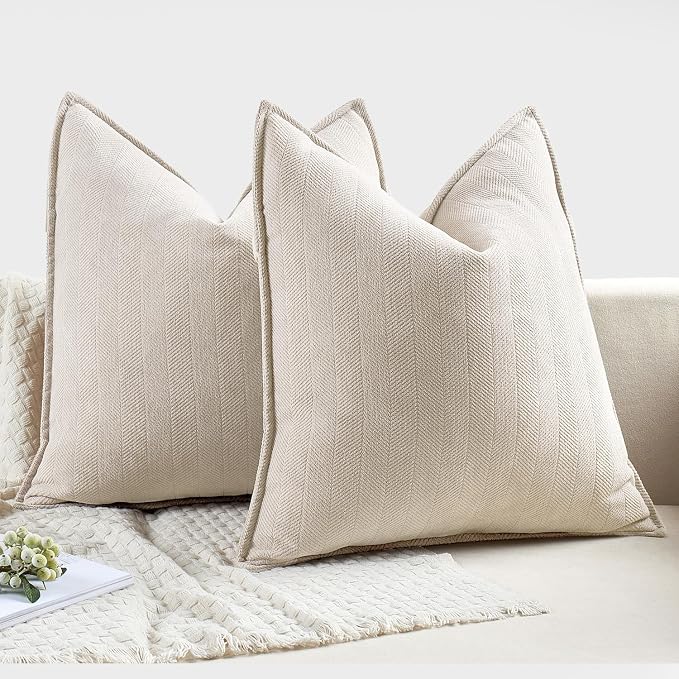 MIULEE Pack of 2 Cream Beige Decorative Chenille Pillow Covers 18x18 Inch | Soft Couch Throw Pillows,Farmhouse Cushion Covers with Elegant Design for Sofa,Bedroom,Living Room,Spring Home Decor