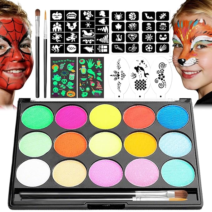 Face Paint Kit, 15 Color Face Painting Palette, with 2 Brushes 34 Stencils, 3 Reusable Stencils, 2 Stickers, Washable Face Paints for Kids Adults Halloween Party Carnival