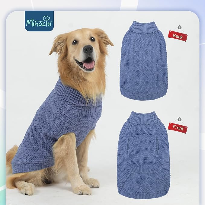 Mihachi Turtleneck Dog Sweater - Winter Coat Apparel Classic Cable Knit Clothes with Leash Hole for Cold Weather, Ideal Gift for Pet in New Year Grayish Blue S