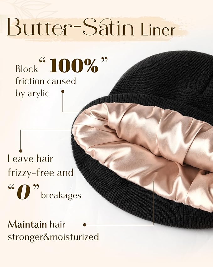 YANIBEST Satin Lined Beanie for Women Reduce Frizz Winter Hats for Women Men Silk Lining Soft Slouchy Warm Cuffed Less Static