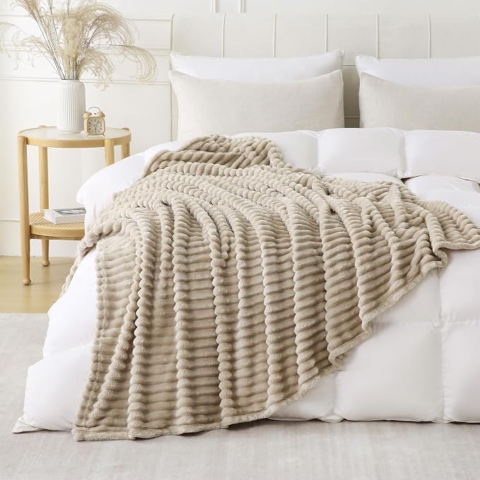 Khaki Throw Blanket for Couch Sofa 60x80 inches Striped Design | Fleece Blankets Room Home Decor Lightweight Plush Soft Cozy Gifts for Women Mom