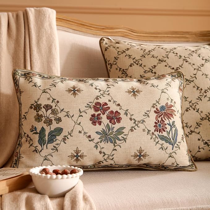 patdrea Designer French Vintage Linen Throw Pillow Cover,12"x20"-Audrey A | Decorative Pillow Case with Zipper,Brown Floral Pattern,Pillow Cover for Couch Living Room Bedroom Sofa