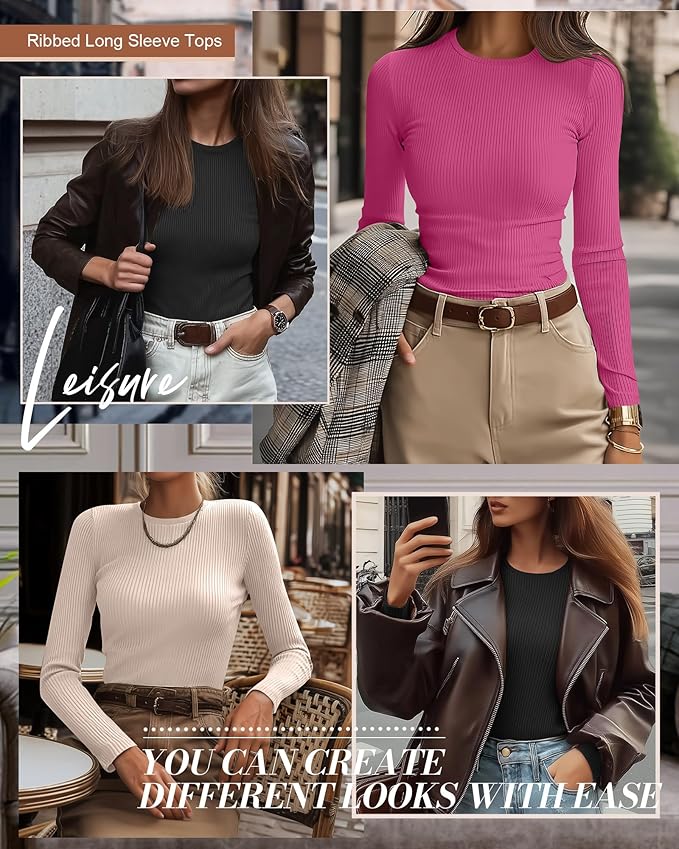 Ficerd 3 Pack Women's Ribbed Long Sleeve Tops, Crew Neck Slim Fit Undershirts Knit Basic Casual Stretch Layering Tee Shirts