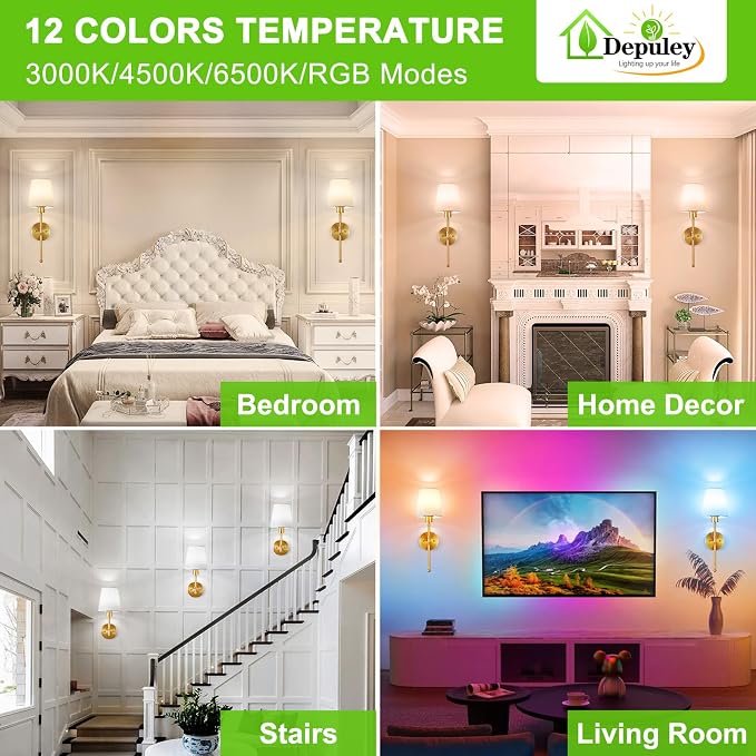 Depuley Battery Operated Wall Sconce: Set of 2 19.99" Wireless Wall Lights with Remote for Bedroom - Rechargeable 15 Colors Gold Wall Lamp for Living Room Hallway Decor