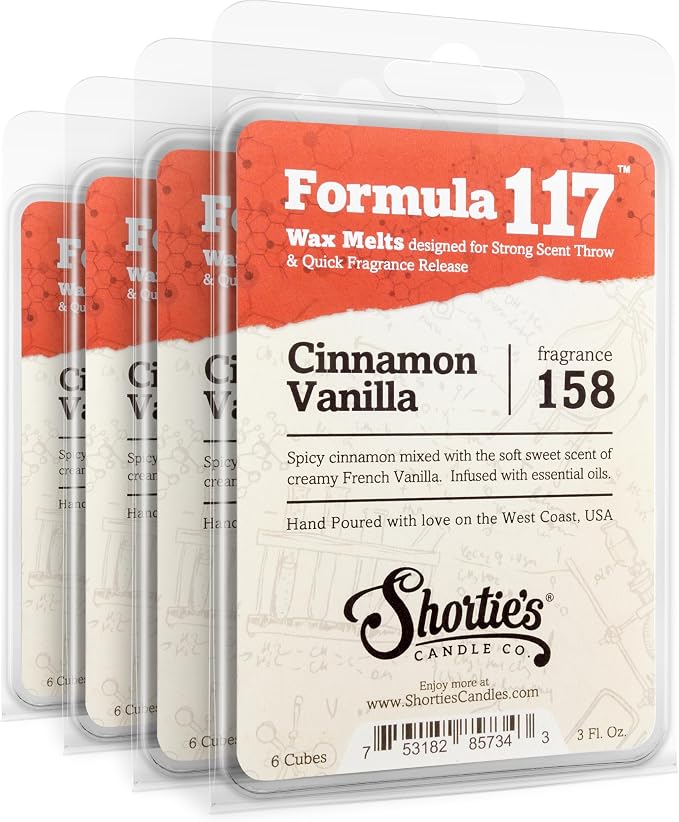 Shortie's Candle Company Cinnamon Vanilla Premium Wax Melts 4 Pack - 12 Oz., Strong & Long Lasting, Non-Toxic - Made with Essential & Natural Oils - Formula 117