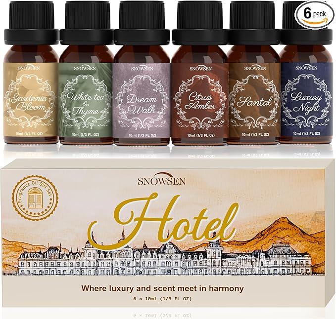 Hotel Essential Oil Set Collection—Santal, Luxury Night, White Tea & Thyme, Gardenia Bloom, Dream Walk, Citrus Amber, Essential Oils for Diffuser, Candle & Soap Making, Fragrance Oils Scents