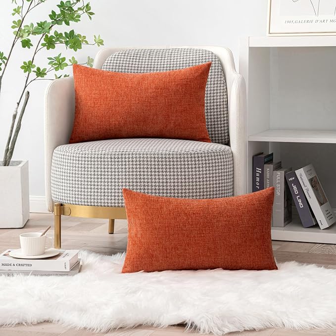 MIULEE Soft Chenille Fall Lumbar Throw Pillow Covers Rust 12x20 Pack of 2 | Modern Fall Home Decor, Classic Decorative Pillows, Solid Dyed Cases, Boho Couch Cushion Covers for Sofa Bed Living Room