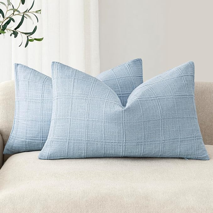 Foindtower Set of 2 Decorative Linen Check Throw Pillow Covers Neutral Farmhouse Lumbar Cushion Covers Modern Boho Accent Home Decor for Sofa Chair Couch Bedroom Living Room,12×20 Inch,Sky Blue