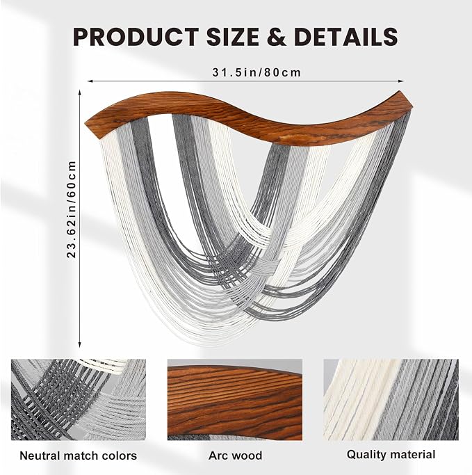 Neutral Grey Macrame Wall Hanging Dip Dyed Yarn Wall Art, Modern Boho Decor | Handmade Cotton Rope Tapestry for Bedroom, Living Room, Nursery, 31.5 x 23.6 Inch