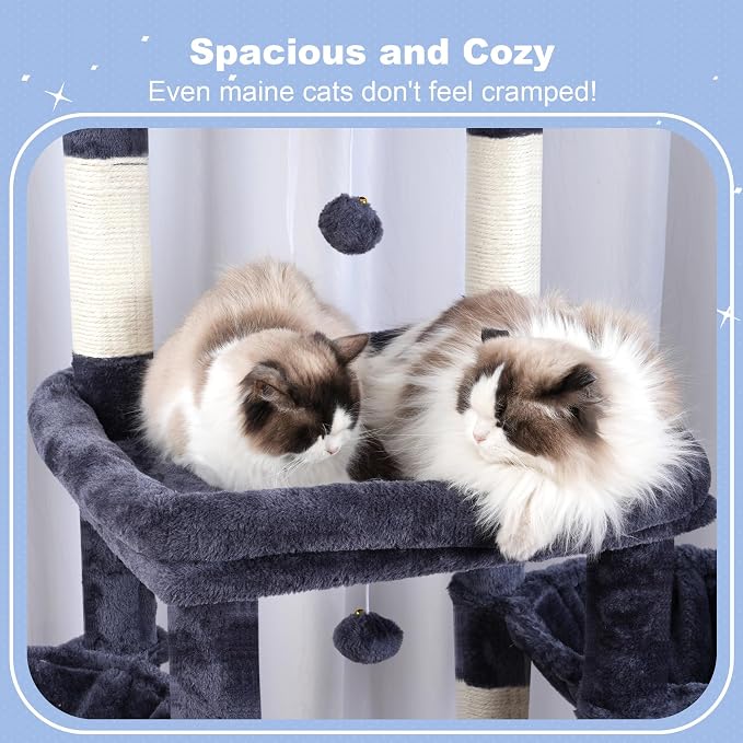 Hey-brother Cat Tree Tower with Extra Large Platform, Big Condo, MPJ070G | 51.1 Inches Scratching Posts with 2 Cozy Hammocks, Self-Grooming Brush for Indoor Adult Cats, Maine Coon, Smoky Gray