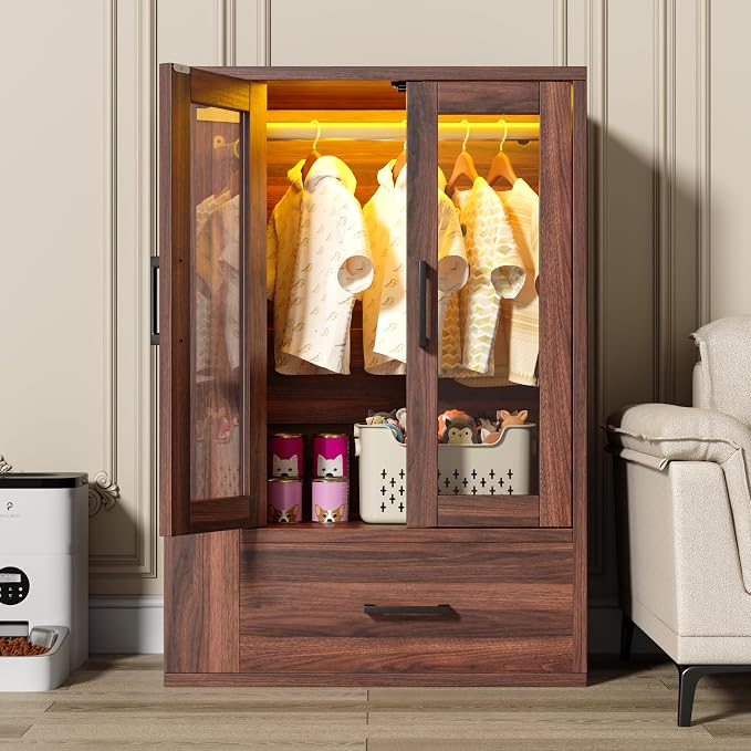kepptory Pet Wardrobe Closet with LED Light, Side Storage Shelves & Drawer, Walnut Pet Clothes Organizer Cabinet with Hanging Rod, Multi-Functional Pet Closet for Dogs & Cats Clothing, Toys | Walnut Pet Clothes Organizer Cabinet with Hanging Rod, Multi...