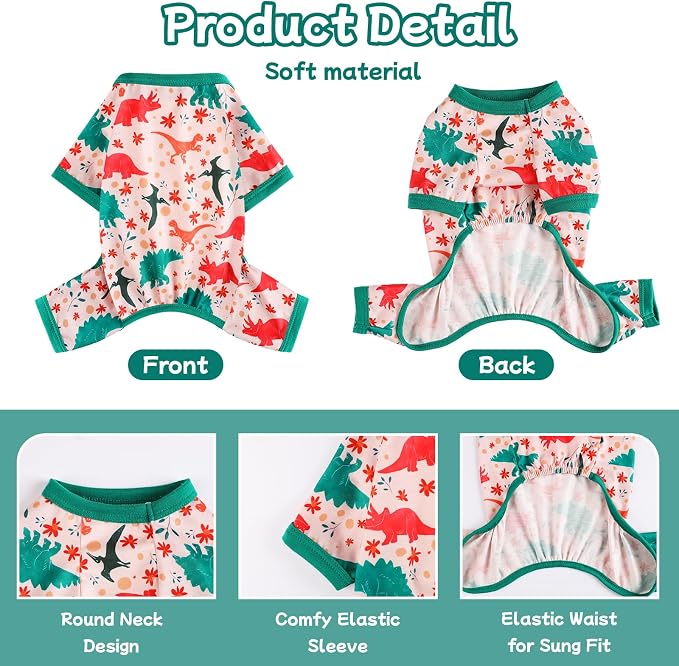 DaFuEn Dog Pajamas for Small Dogs, Soft Stretchy 4 Legs Puppy Jumpsuit, All Season Cozy Pet PJs for Chihuahua Yorkie Teacup Dogs, Cat Clothes (Green Dinosaur, S)
