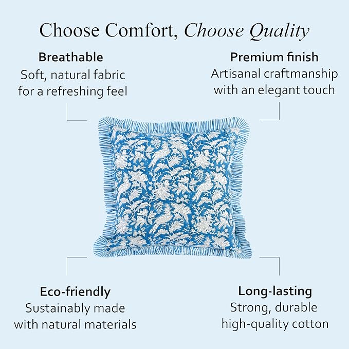 CPC Block Print Ruffle Throw Cover Blue Sapphire 20"x20" Inch Pack of 2-100% Cotton Ruffle Couch Decorative Boho Pillows Case for Living Room, Bedroom, Sofa, Farmhouse Gift for Spring, Mother's Day