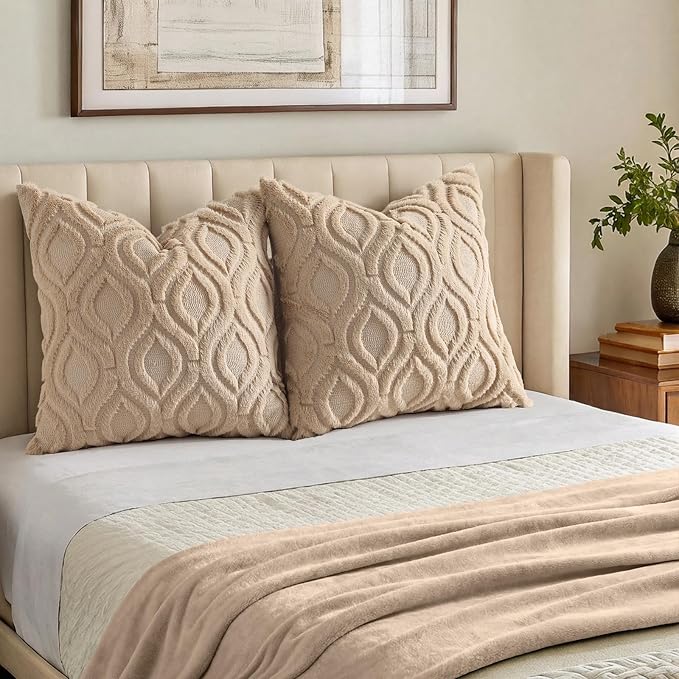 decorUhome Faux Fur Soft Light Khaki Throw Pillow Covers 24x24 Set of 2 | Plush Solid Fall Couch Pillow Covers, Accent Modern Farmhouse Neutral Decorative Square Pillow Cases for Sofa Bed Living Room
