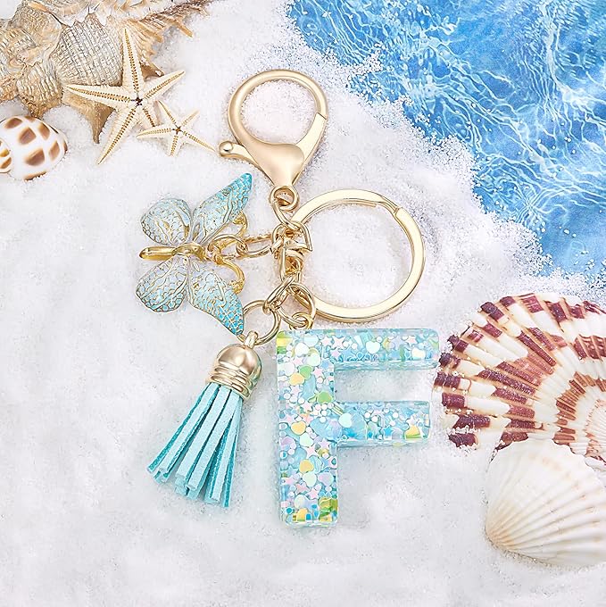 Fashion Alphabet Initial Letter Keychain Tassel Butterfly Pendant Key Ring for Purse Handbags Women Girl