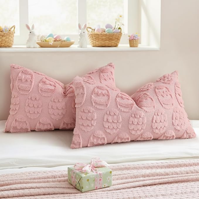 decorUhome Pink Faux Fur Egg Throw Pillow Covers 12x20 Set of 2 | Plush Soft Wool Jacquard Pink Cushion Covers, Modern Farmhouse Neutral Easter Holiday Decor Pillow Covers for Couch Sofa Bed