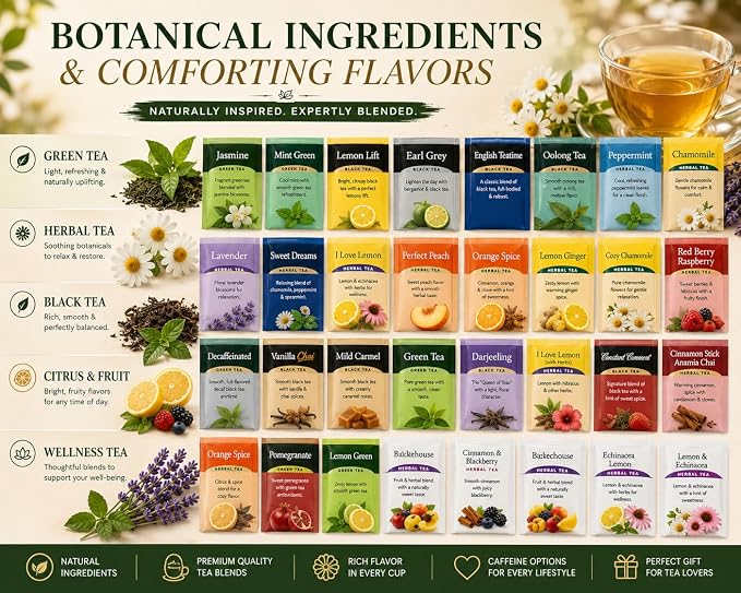 Generic Perfect Tea 48 Variety Pack Sampler Assorted Tea Bags | Black, Green, Decaf & Herbal Teas | Tea Gift Set, Office Breakroom
