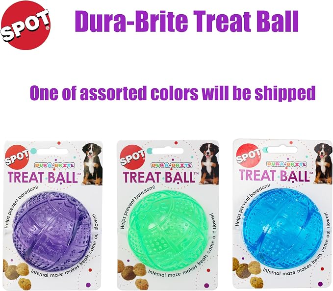 SPOT Dura-Brite Treat Ball - Treat Dispensing Dog Toy Made with Durable TPR Rubber, Interactive Slow Feeder Puzzle Ball, Prevents Boredom and Makes Mealtime Fun - 3in, Assorted Colors