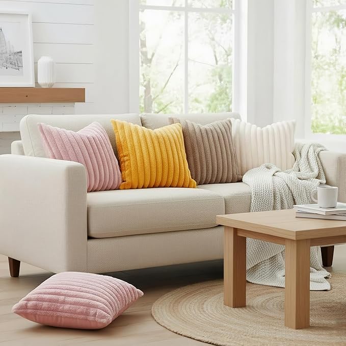 decorUhome Fall Faux Fur Throw Pillow Covers 12x12 Set of 2 Cream White | Decorative Soft Cozy Striped Plush Modern Farmhouse Boho Couch Pillow Cases Velvet Back for Sofa Bed Living Room Home Decor