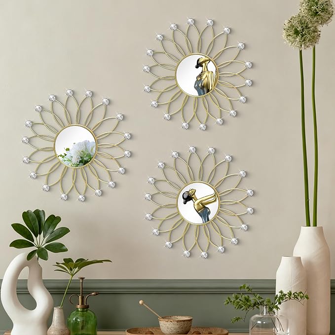 3 Pack Metal Mirrors for Wall Sunburst Wall Mirrors Home Décor Decorative Hanging Wall Art for Living Room Bedroom Entryway (Gold2 Crystal, Flowers)
